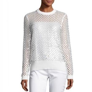 MICHAEL Michael Kors White  Long-Sleeve Sequined Mesh Fishnet Sweater L
